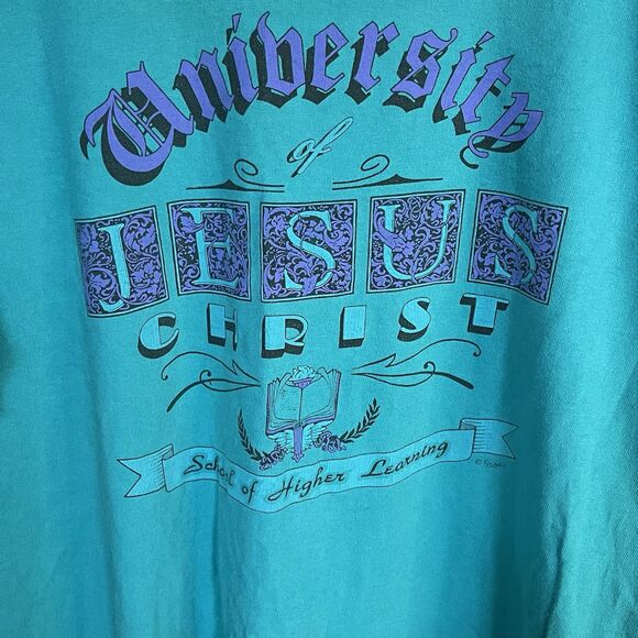 Vintage 1980s University Of Jesus Christ T Shirt Single Stitch Teal Blue Size XL - Picture 2 of 7